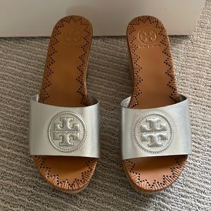 Tory Burch silver wooden wedge